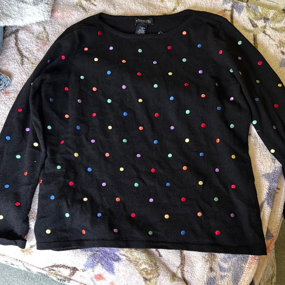 Jones New York Wool, Angora, and Cashmere Black Sweater with Colorful Polka Dots
